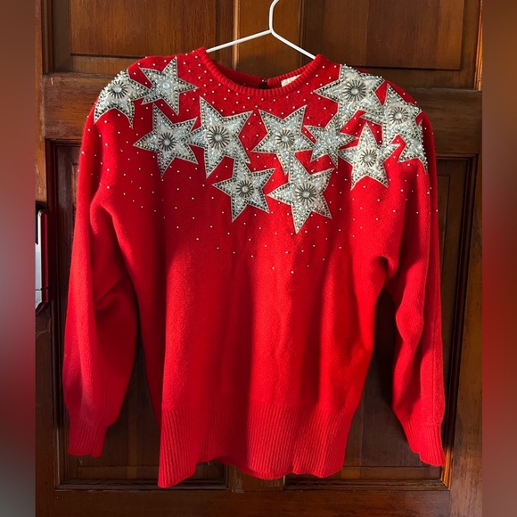 Vintage Caché Red Star Sequin Sweater 80s Lambswool Angora Knit, Beaded Size L - Picture 7 of 8